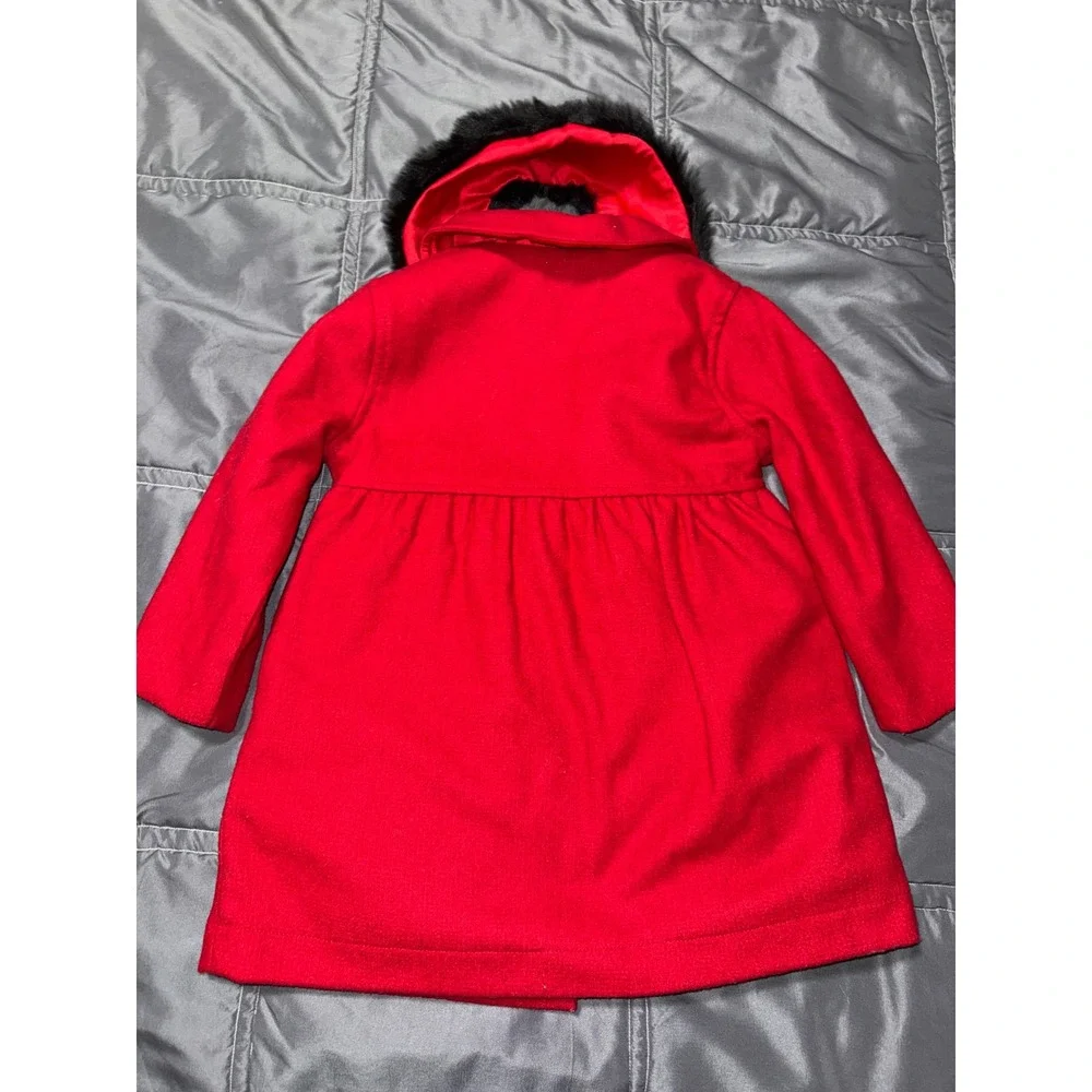 Hartstrings Toddler Girls Red Faux Fur Collar Babydoll Dress Coat Size 2T
